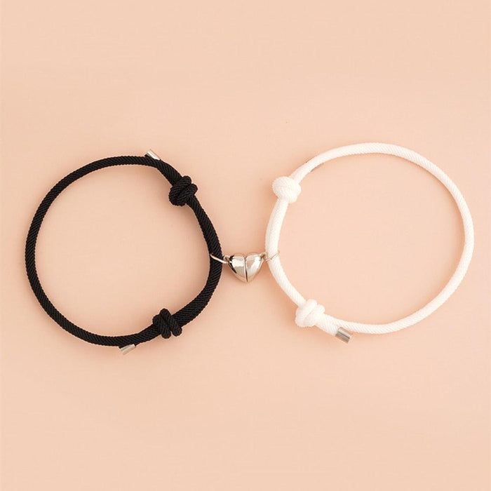 Romantic 2pcs/set Heart Magnetic Couple Bracelets Men Women Classic Black White Paired Lovers Braclet Adjustable Matching Braided Rope Bracelet Promise Friendship Bracelet Gifts For Girlfriend