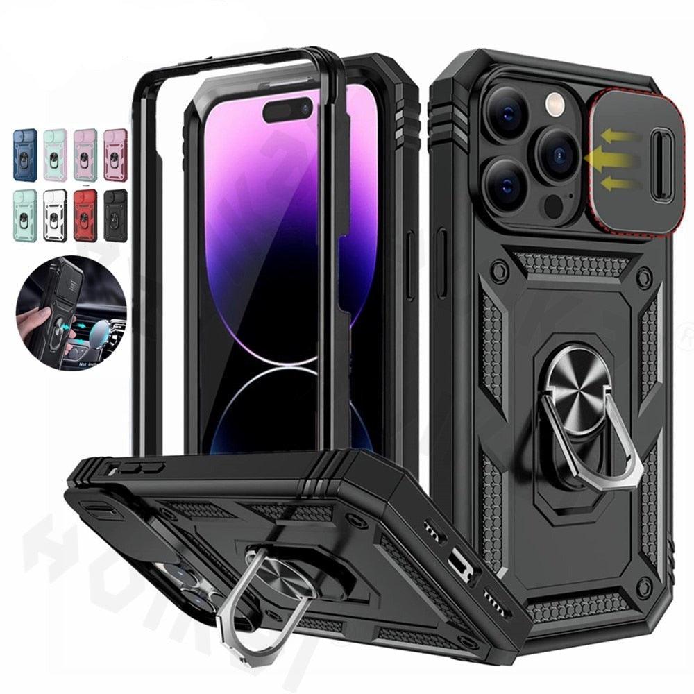 Screen Protector And Kickstand Heavy Duty Protection Shockproof Case for iPhone Slide Camera Case For iPhone 14 Pro Max 14 Plus 13 Pro 12 Build in 360 Degree Rotate Kickstand iPhone Cases