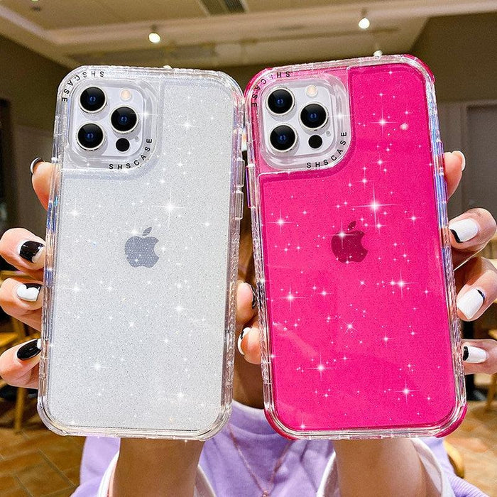 Shining Glitter Shockproof Bumper Phone Case For iPhone 13 12 11 14 Pro Max XR XS Max 13Pro 14 Transparent Soft Cover Cute Pink Glitter Design Transparent Shiny Shockproof Case For Women Girls