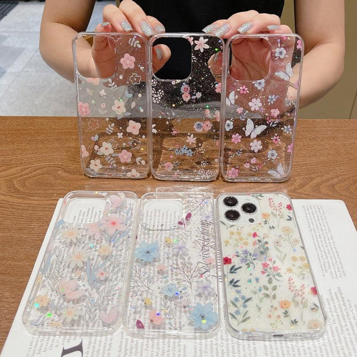 Shining Glitter Star Flowers Case For Iphone 14 13 12 11 Pro Ultra-thin Transparent Soft Cover Shockproof Glitter Floral Design Hard Back Cover Phone Case