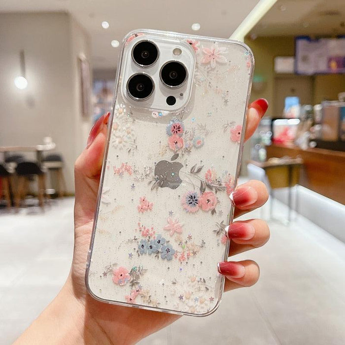 Shining Glitter Star Flowers Case For Iphone 14 13 12 11 Pro Ultra-thin Transparent Soft Cover Shockproof Glitter Floral Design Hard Back Cover Phone Case