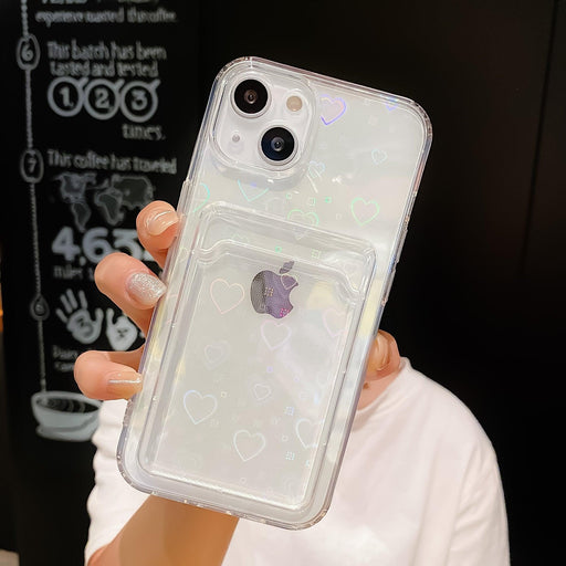 Shiny Holographic Heart Phone Case For iPhone 14 13 Pro Max 11 12 XR 6 7 8 Plus XS X SE 2 Clear Wallet Card Holder Storage Cover Love Heart Pattern Cute Case with Card Holder Soft Cover for iPhone Transparent Phone Case