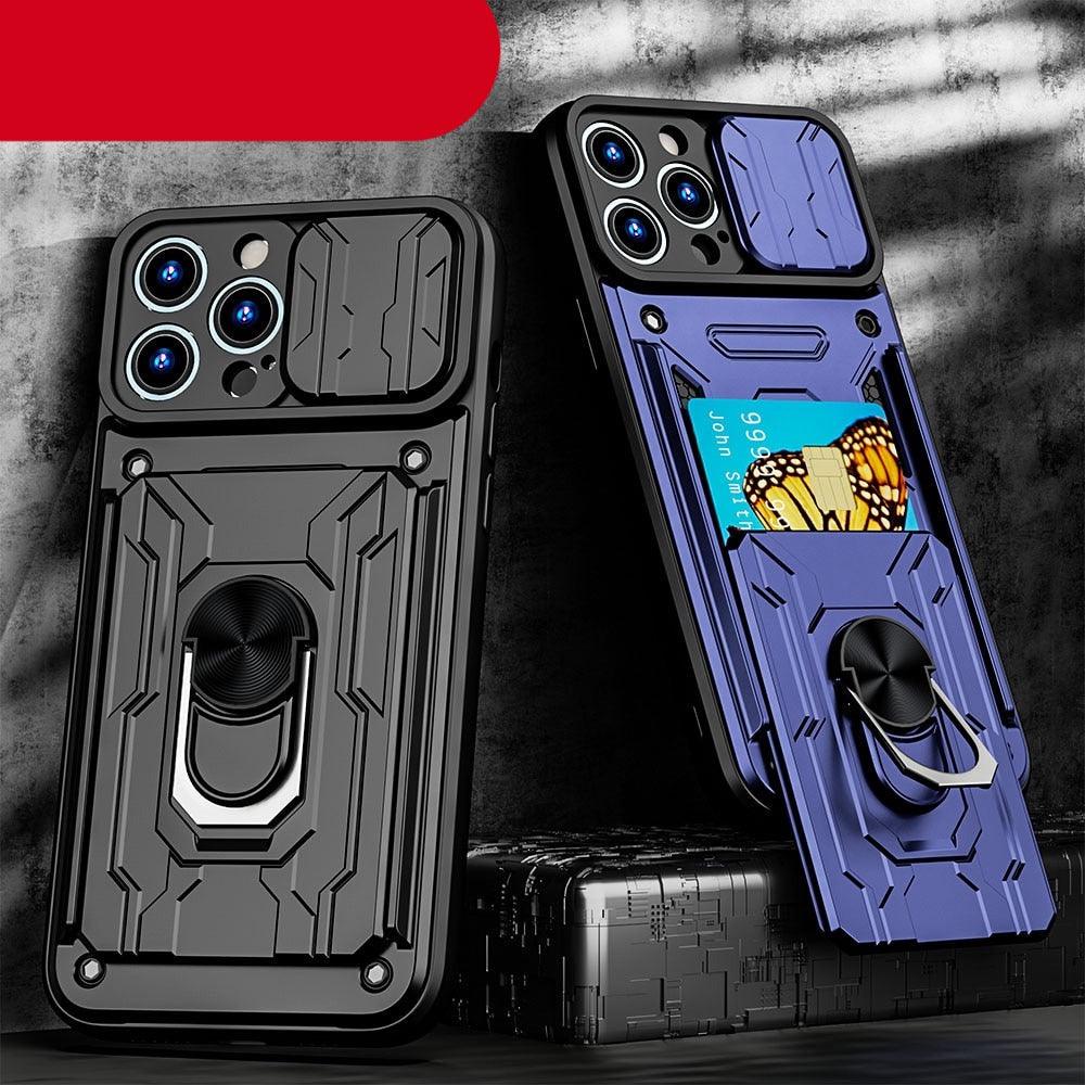 Shockproof Case for iPhone 13 12 11 Pro Max With Card Slot Ring Stand Camera Protection Phone Cover for iPhone XR XS Max Removable Card Holder Ring Holder Shockproof Protection Cover