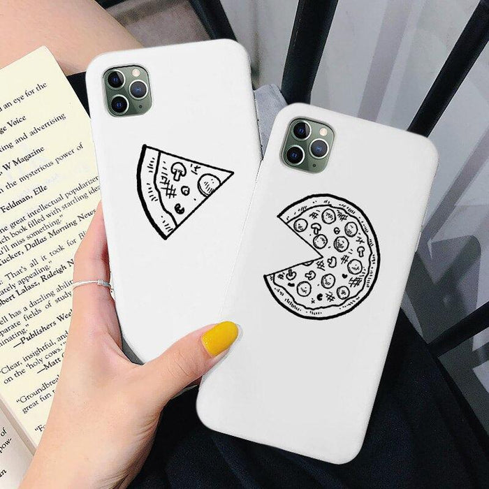 Simple Black White Pizza Best Friends Phone Case For iPhone 12 X XS MAX XR 11 13 Pro max 7 8 6s Plus SE Black Couple Soft Back Fun Pizza Pattern Funny Food Design Case For Smartphone