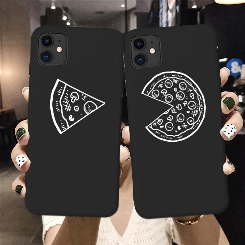 Simple Black White Pizza Best Friends Phone Case For iPhone 12 X XS MAX XR 11 13 Pro max 7 8 6s Plus SE Black Couple Soft Back Fun Pizza Pattern Funny Food Design Case For Smartphone