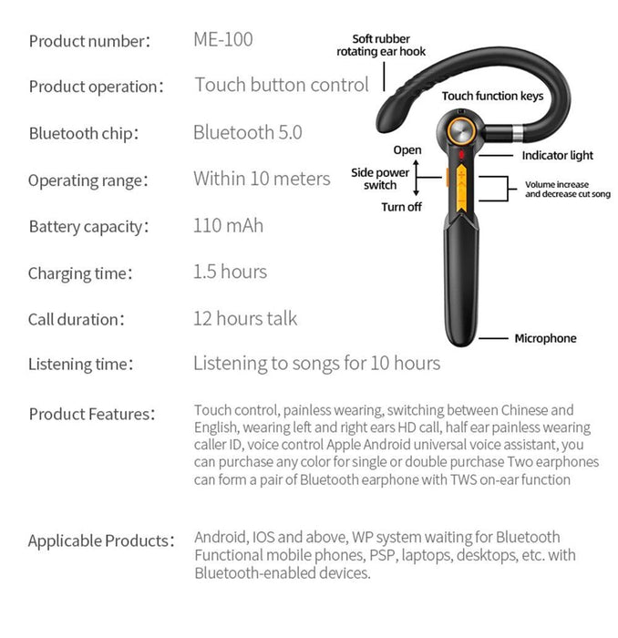 Single Wireless Bluetooth 5.0 Headset Handsfree HIFI Fingerprint Touch Hanging Ear Earphone for iPhone Waterproof Earpiece Ear Wireless Bluetooth Sport Headphones - STEVVEX Headphones - 123, Common Headphone, Earbud, Earbud With Microphone, Earbuds with Mic, earphone, earphone for phone, Earphone with Mic, Earpiece, headphone, Headphones, headphones high quality, Headphones High Quality For Music, Headphones High Quality In Ear Mobile, headphones high quality sound, Noise Cancelling headphones - Stevvex.com