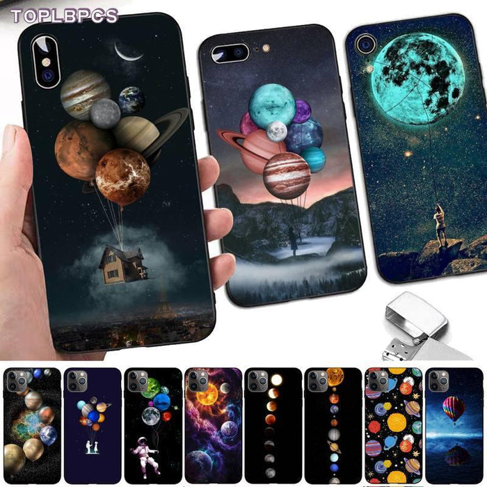 Sky Space planet Moon Soft black Phone Case for iphone 13 8 7 6 6S Plus X 5 5S SE XR 11 pro XS MAX Space Planet Moon Graphic Pattern Design for Boy Men Shockproof Silicone Protective Phone Case Cover for iPhone