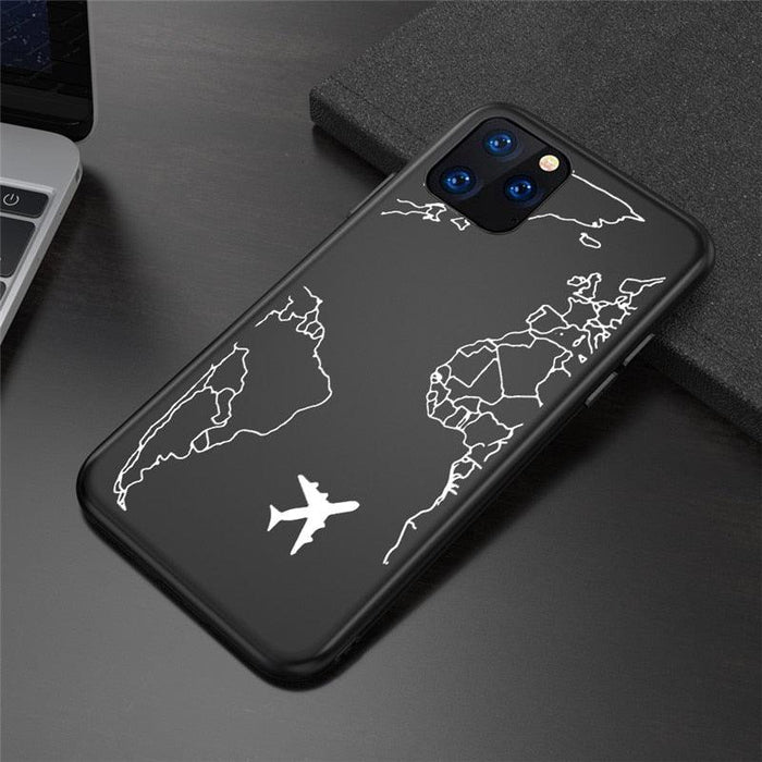 Soild Black Globe Plane Map Phone Case For iPhone 14 13 11 12 Pro X XR XS Max SE 7 8 Plus 6 6s Shockproof Soft Ultra Slim Fit iPhone Case Liquid Silicone Gel Cover with Full Body Protection Anti-Scratch Shockproof Case