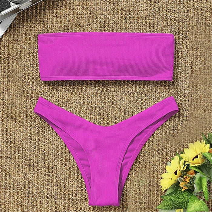 Solid Bikini Swimsuit Women Bikini Set Women Strapless Ribbed  Bikini Set Lace Up High Cut Two Piece Swimsuit Bathing Suit Two Piece Tube Top Swimwear Female Bather Swimming Suit