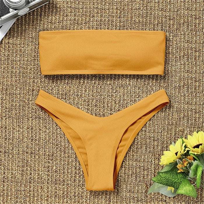 Solid Bikini Swimsuit Women Bikini Set Women Strapless Ribbed  Bikini Set Lace Up High Cut Two Piece Swimsuit Bathing Suit Two Piece Tube Top Swimwear Female Bather Swimming Suit