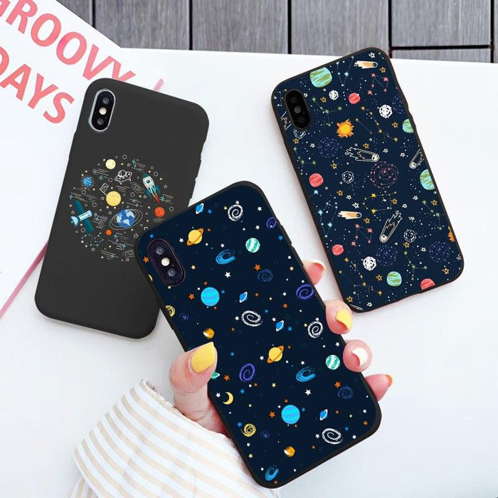 Space Moon Case For iPhone XR XS Max X 12 11 13 Pro MAX Cases Black Painted Phone Cover For iPhone 7 8 7Plus 8Plus 6S 6Plus Space Galaxy Phone Case for Woman Man Soft Shockproof Protective Case Cover Designed for iPhone