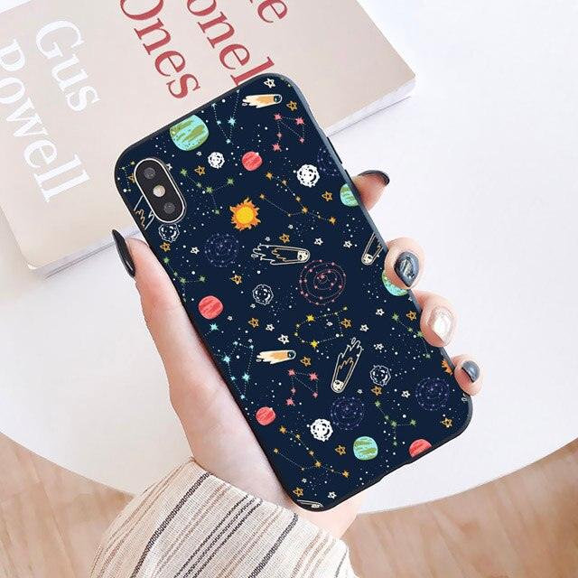 Space Moon Case For iPhone XR XS Max X 12 11 13 Pro MAX Cases Black Painted Phone Cover For iPhone 7 8 7Plus 8Plus 6S 6Plus Space Galaxy Phone Case for Woman Man Soft Shockproof Protective Case Cover Designed for iPhone