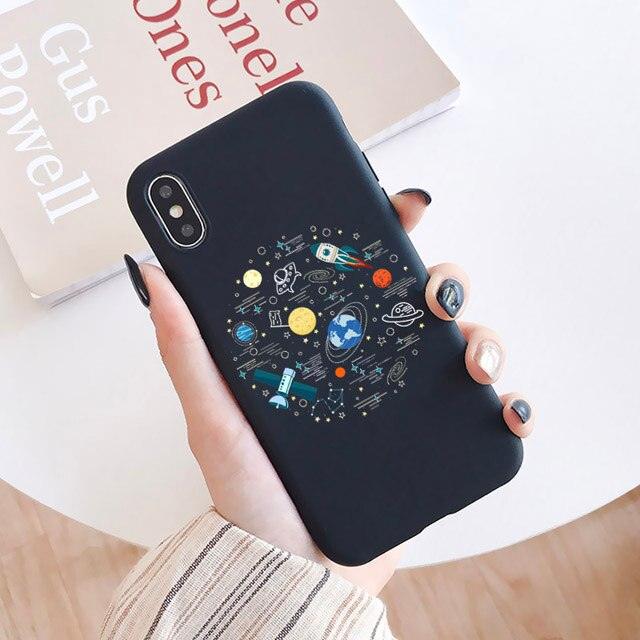 Space Moon Case For iPhone XR XS Max X 12 11 13 Pro MAX Cases Black Painted Phone Cover For iPhone 7 8 7Plus 8Plus 6S 6Plus Space Galaxy Phone Case for Woman Man Soft Shockproof Protective Case Cover Designed for iPhone