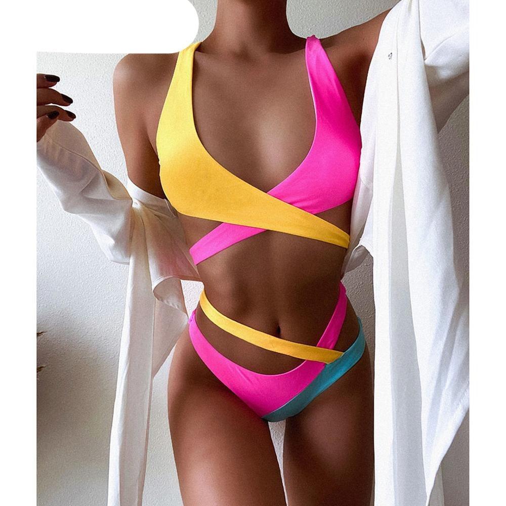 Splicing Bikini Female Swimsuit Two Piece Bikini Swimsuit for Women High Waist Crisscross Halter Wrap Bathing Suits with Bikini Bottom Women Swimwear Two-piece Bikini set Asymmetric Mid Waist Bather Bathing Suit Swim