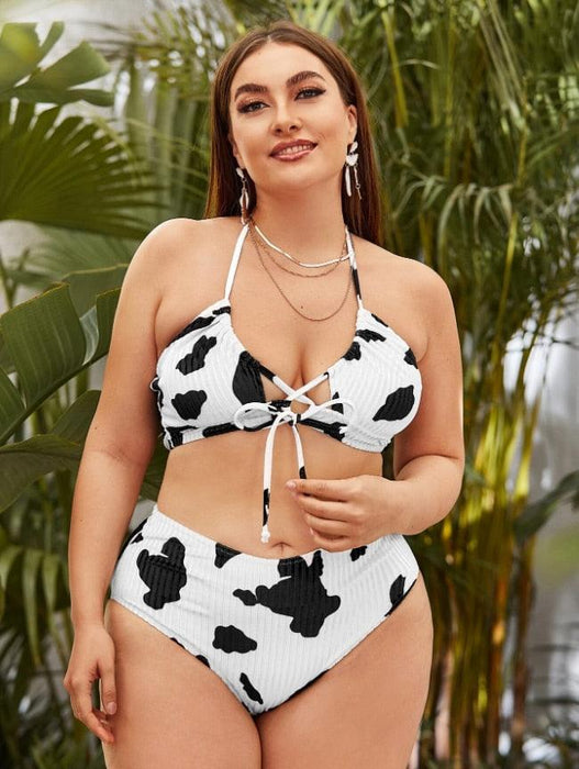 Striped Plus Size Women 2 Pieces Bikini Women's Plus Size Bathing Suits Two Piece High Cut Bikini Sets Waist Swimsuits Swimwear Large Size Swimsuit Off Shoulder High Waist Bathing Suit High Cut Swimwear