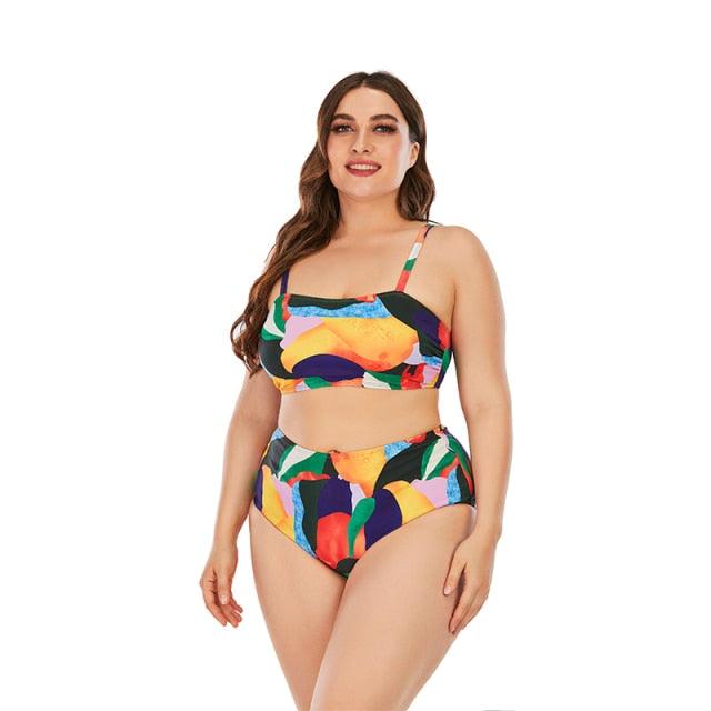 Striped Plus Size Women 2 Pieces Bikini Women's Plus Size Bathing Suits Two Piece High Cut Bikini Sets Waist Swimsuits Swimwear Large Size Swimsuit Off Shoulder High Waist Bathing Suit High Cut Swimwear