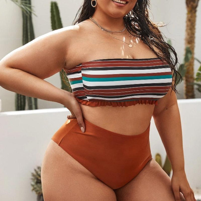 Striped Plus Size Women 2 Pieces Bikini Women's Plus Size Bathing Suits Two Piece High Cut Bikini Sets Waist Swimsuits Swimwear Large Size Swimsuit Off Shoulder High Waist Bathing Suit High Cut Swimwear