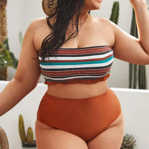 Striped Plus Size Women 2 Pieces Bikini Women's Plus Size Bathing Suits Two Piece High Cut Bikini Sets Waist Swimsuits Swimwear Large Size Swimsuit Off Shoulder High Waist Bathing Suit High Cut Swimwear