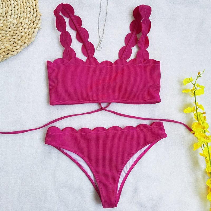 Summer Blue Bikini Women Swimwear Female Swimsuit  Women’s Floral Print Lace-up Strapless Padded Comfortable Swimwear Bathing Suit Two-pieces Bikini Set Knotted Bathing Swim Suit