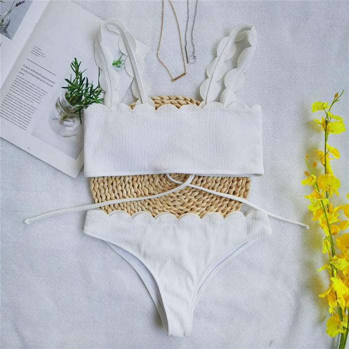 Summer Blue Bikini Women Swimwear Female Swimsuit  Women’s Floral Print Lace-up Strapless Padded Comfortable Swimwear Bathing Suit Two-pieces Bikini Set Knotted Bathing Swim Suit