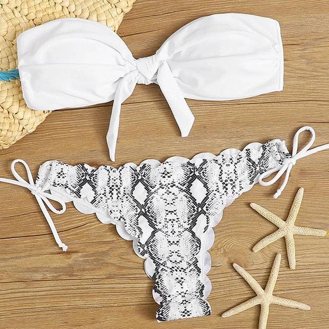 Summer Blue Bikini Women Swimwear Female Swimsuit  Women’s Floral Print Lace-up Strapless Padded Comfortable Swimwear Bathing Suit Two-pieces Bikini Set Knotted Bathing Swim Suit