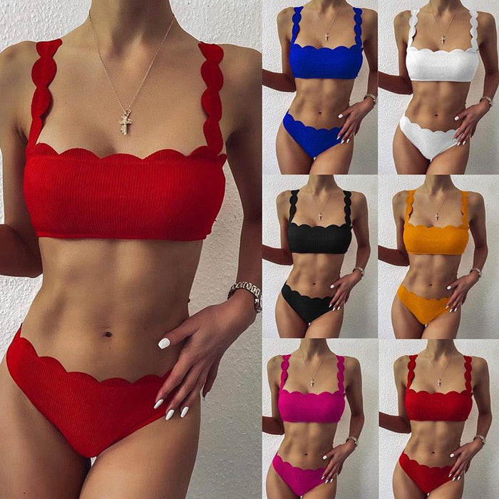 Summer Blue Bikini Women Swimwear Female Swimsuit  Women’s Floral Print Lace-up Strapless Padded Comfortable Swimwear Bathing Suit Two-pieces Bikini Set Knotted Bathing Swim Suit