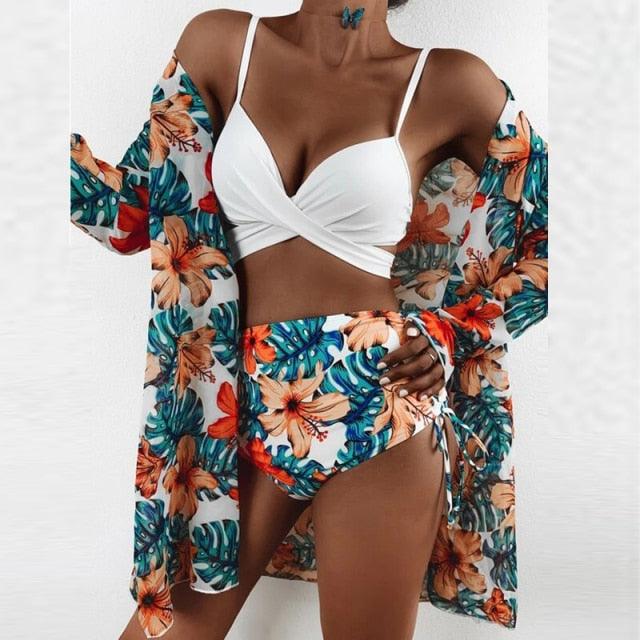 Summer Floral Print Bikini Swimsuit Women 3 Piece High-Waist Bikini Set Swimwear Female Push-Up Bathing Suit Tropical High Waist Wrap Swimsuit With Beach Cover Ups Soft And Breathable Summer Bikini