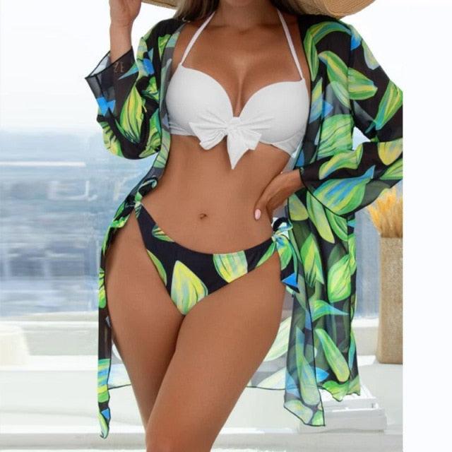 Summer Floral Print Bikini Swimsuit Women 3 Piece High-Waist Bikini Set Swimwear Female Push-Up Bathing Suit Tropical High Waist Wrap Swimsuit With Beach Cover Ups Soft And Breathable Summer Bikini