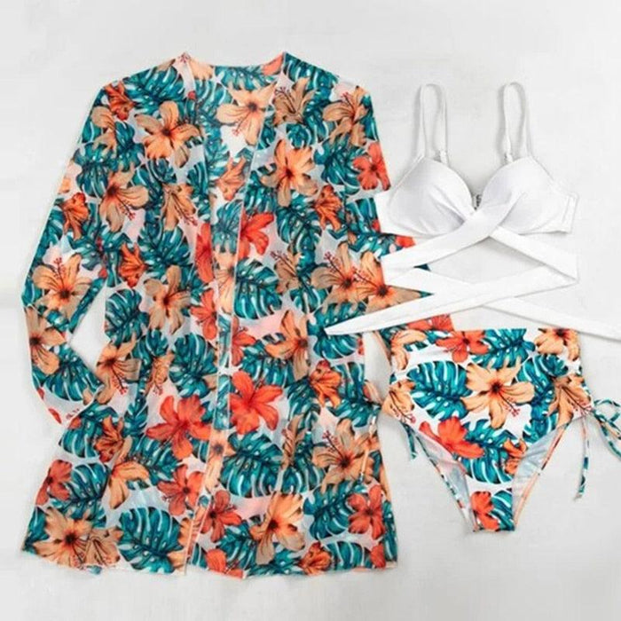 Summer Floral Print Bikini Swimsuit Women 3 Piece High-Waist Bikini Set Swimwear Female Push-Up Bathing Suit Tropical High Waist Wrap Swimsuit With Beach Cover Ups Soft And Breathable Summer Bikini