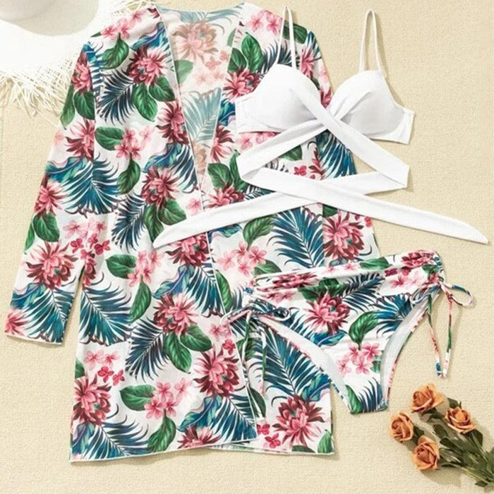 Summer Floral Print Bikini Swimsuit Women 3 Piece High-Waist Bikini Set Swimwear Female Push-Up Bathing Suit Tropical High Waist Wrap Swimsuit With Beach Cover Ups Soft And Breathable Summer Bikini