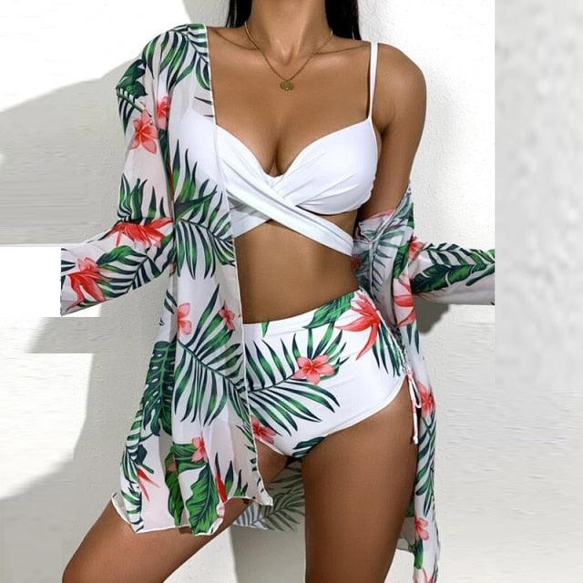 Summer Floral Print Bikini Swimsuit Women 3 Piece High-Waist Bikini Set Swimwear Female Push-Up Bathing Suit Tropical High Waist Wrap Swimsuit With Beach Cover Ups Soft And Breathable Summer Bikini