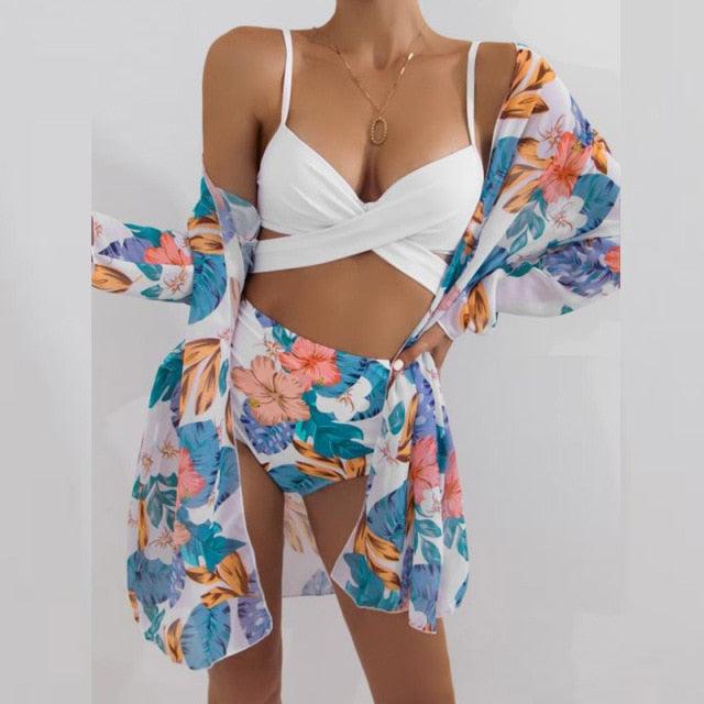 Summer Floral Print Bikini Swimsuit Women 3 Piece High-Waist Bikini Set Swimwear Female Push-Up Bathing Suit Tropical High Waist Wrap Swimsuit With Beach Cover Ups Soft And Breathable Summer Bikini