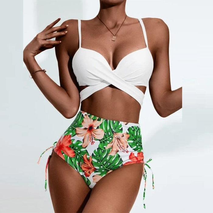 Summer Floral Print Bikini Swimsuit Women 3 Piece High-Waist Bikini Set Swimwear Female Push-Up Bathing Suit Tropical High Waist Wrap Swimsuit With Beach Cover Ups Soft And Breathable Summer Bikini