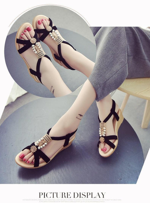 Summer Women Sandals Soft Comfortable Modern Shoes Flat Pearl Sandals Comfortable Ankle Strap Sandals Slip On Flat Sandal Elastic Comfort Summer Shoes