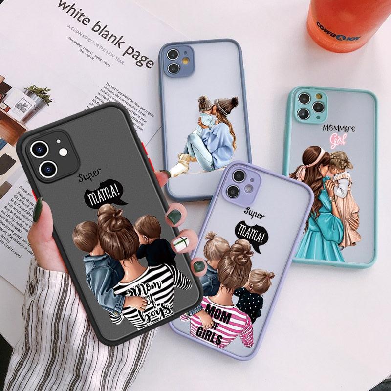 Super Mom Mother Phone Case For iphone 12 Baby Girl Fashion Family Cover for Iphone 11 13 Pro Max X XS Max XR 6 7 8 Plus Glossy Soft Slim Back Case with Simple Pattern Light-Wight Protective Bumper Cover for iPhone