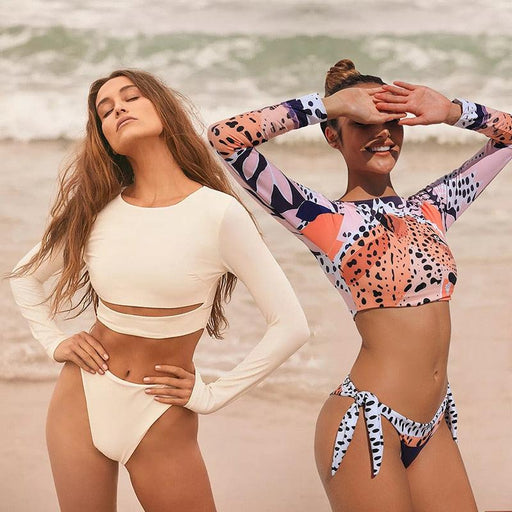 Surfing Swimsuit For Women Bikini Long Sleeve Swimwear Tiger Print Push Up Summer Bath Suit Two Piece Surfing Rash Guard Bikini Long Sleeve Swimsuit Set