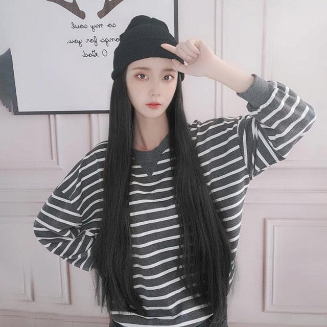 Synthetic Long Straight Knitted Hat Hair Wigs For Women Black Hat Hair Extension Wigs Cap With Hair Naturally Connect Hair Wigs For Black Women Cosplay Wigs For Women