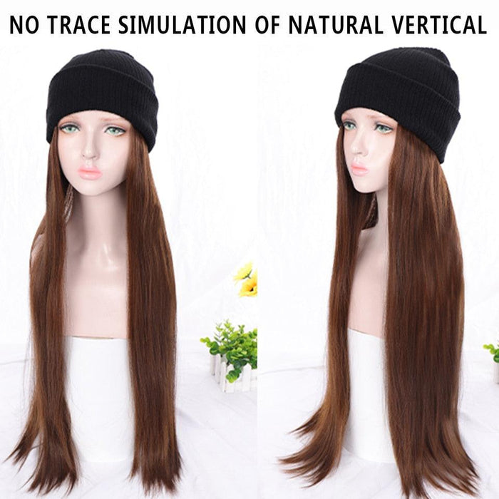 Synthetic Long Straight Knitted Hat Hair Wigs For Women Black Hat Hair Extension Wigs Cap With Hair Naturally Connect Hair Wigs For Black Women Cosplay Wigs For Women