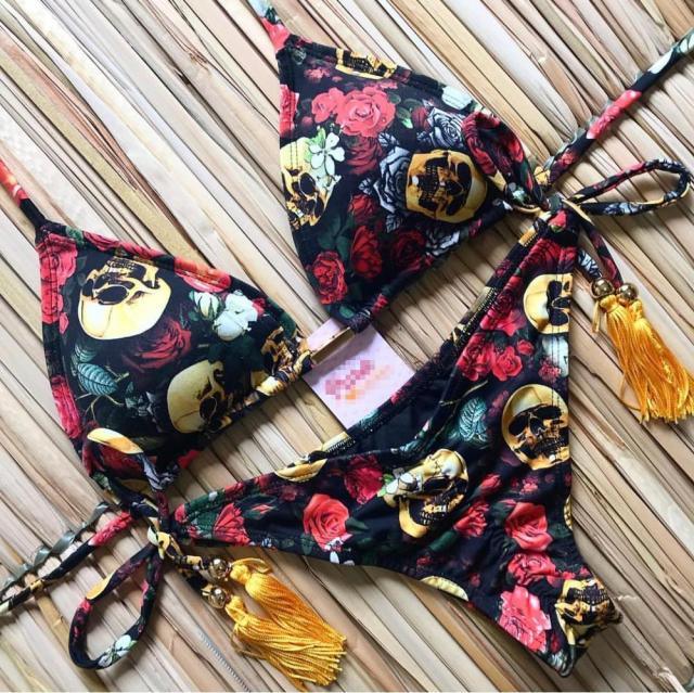 Tassel Leaves Print Woman Swimsuit Women's Two Piece Swimsuit Floral Print Bikini Sets New Comfortable Beach Bikini Bathing Suit Halter Triangle Lace Up Swimwear For Women