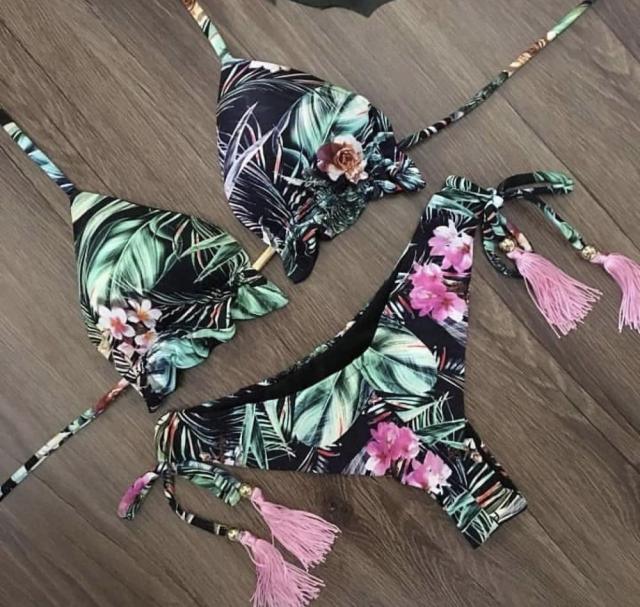 Tassel Leaves Print Woman Swimsuit Women's Two Piece Swimsuit Floral Print Bikini Sets New Comfortable Beach Bikini Bathing Suit Halter Triangle Lace Up Swimwear For Women