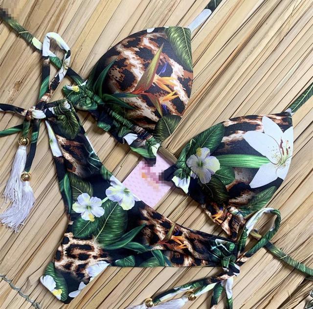 Tassel Leaves Print Woman Swimsuit Women's Two Piece Swimsuit Floral Print Bikini Sets New Comfortable Beach Bikini Bathing Suit Halter Triangle Lace Up Swimwear For Women