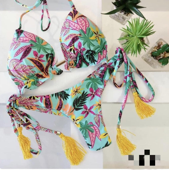 Tassel Leaves Print Woman Swimsuit Women's Two Piece Swimsuit Floral Print Bikini Sets New Comfortable Beach Bikini Bathing Suit Halter Triangle Lace Up Swimwear For Women