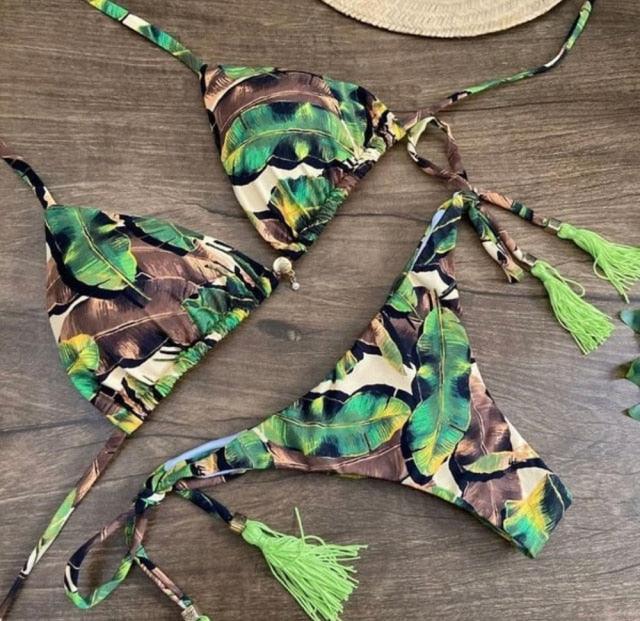 Tassel Leaves Print Woman Swimsuit Women's Two Piece Swimsuit Floral Print Bikini Sets New Comfortable Beach Bikini Bathing Suit Halter Triangle Lace Up Swimwear For Women