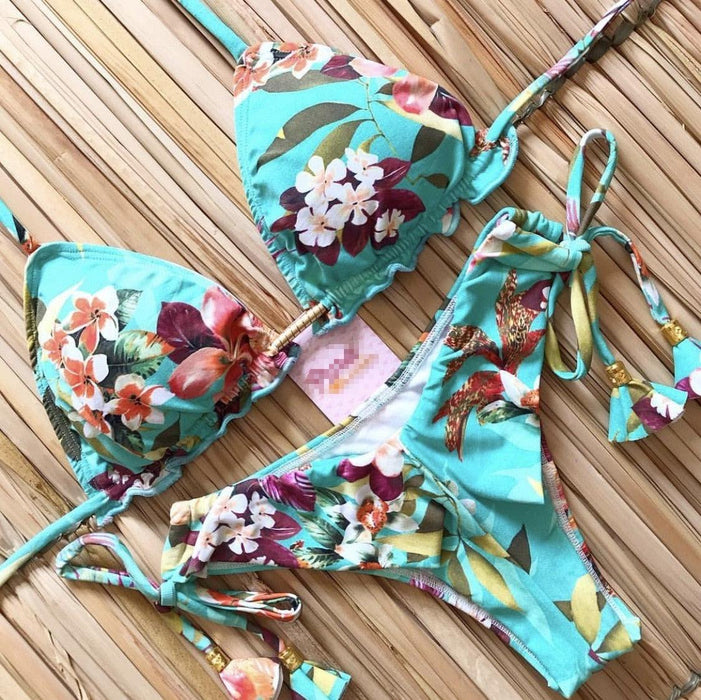 Tassel Leaves Print Woman Swimsuit Women's Two Piece Swimsuit Floral Print Bikini Sets New Comfortable Beach Bikini Bathing Suit Halter Triangle Lace Up Swimwear For Women