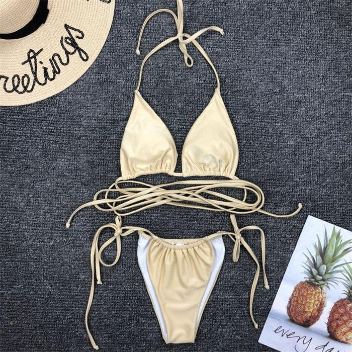 Thong Bikini Swimwear Women Bandage Solid Swimsuit Micro Bikini Set Summer Beachwear Swim Suit High Cut Thong 2 Pieces Bikini Set Swimsuit