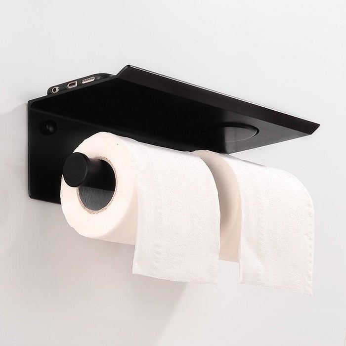 Toilet Paper Holder Phone Bathroom Roll Holder Aluminum Paper Holder with Shelf Black Double Paper Towel Holder Wall Mount Tissue Roll Hanger With Storage Shelf Space Aluminum Self Adhesive With Glue Wall Mount With Screws