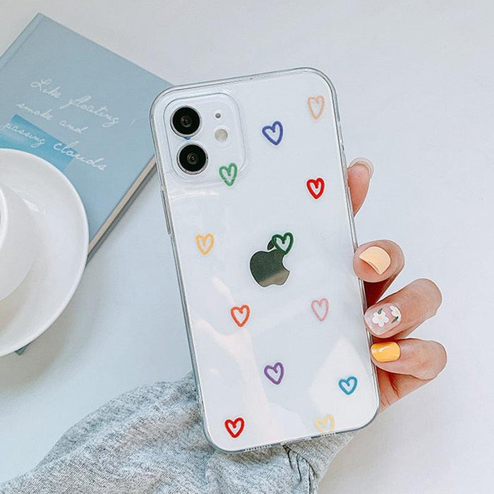 Transparent Couples Heart Phone Case For iPhone 11 12 Pro Max Mini X XR XS Max 7 8 Plus SE Soft Back Cute Clear Heart Love Pattern Print for Girls Women Slim Thin Soft Silicone Fashion Luxury Transparent Phone Case Black