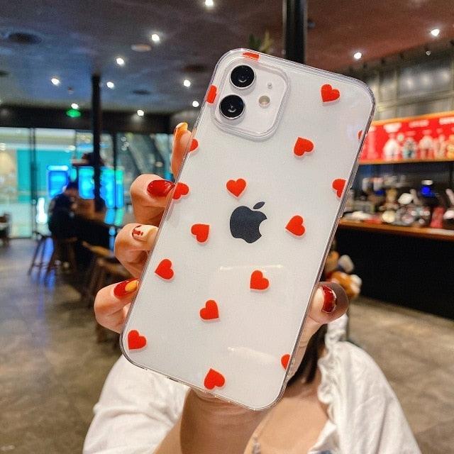 Transparent Cute Love Heart Soft Mobile Phone Case For iPhone 11 Pro Max 12 13 Mini 7 8Plus X XR XS Max Love Heart Case Full Camera Protection Soft Silicone Shockproof Case for iPhone