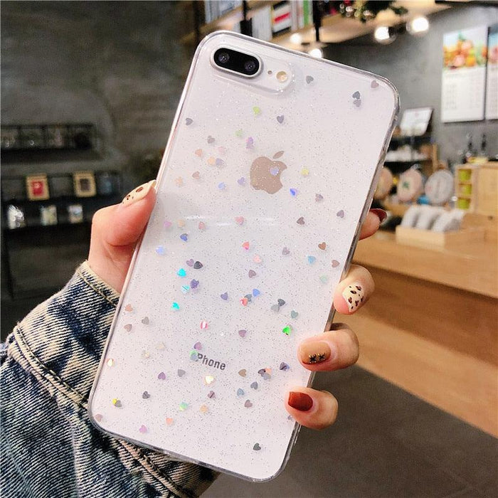 Transparent Glitter Phone Case For iPhone 11 12 13 14 Pro Max Love Heart Star Sequins Soft Clear Cover Shiny Sparkle Cover With Mini Heart Soft Lightweight Slim Protective Phone Cases Shockproof Flexible Bumper Cover for Women