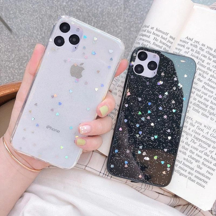 Transparent Glitter Phone Case For iPhone 11 12 13 14 Pro Max Love Heart Star Sequins Soft Clear Cover Shiny Sparkle Cover With Mini Heart Soft Lightweight Slim Protective Phone Cases Shockproof Flexible Bumper Cover for Women